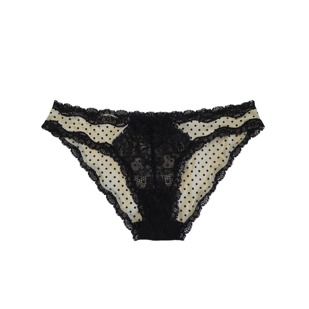 Victorias Secret Dream Angels Cheekini Panty Black Off White Polka Dot Lace Med